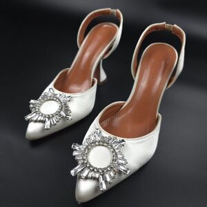 AMINA MUADDI Begum Sling 70 White Satin Swarovski Crystal Pointed Pumps 90s y2k